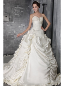 Fashionable A-Line / Princess Spaghetti Straps Cathedral Train Taffeta Beading Wedding Dress