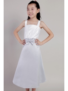 White and Lilac A-line Straps Tea-length Taffeta  Bow Flower Girl Dress