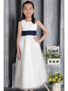 White Column / Sheath Scoop Ankle-length Organza Bow Flower Girl Dress