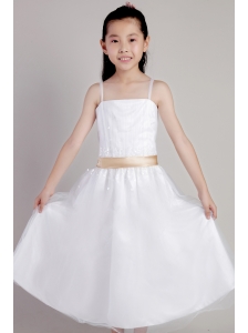 White Column Straps Tea-length Tulle Sequins and Belt Little Girl Dress