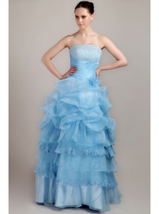 Baby Blue A-line Strapless Floor-length Taffeta and Organza Beading Prom Dress