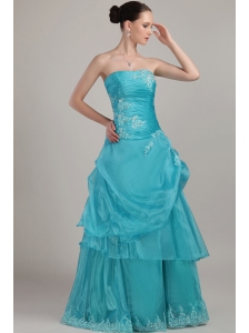 Turquoise Column / Sheath Strapless Floor-length Organza Appliques and Beading Prom Dress
