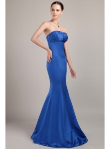 Blue Trumpet / Mermaid Strapless Floor-length Satin Beading Prom Dress