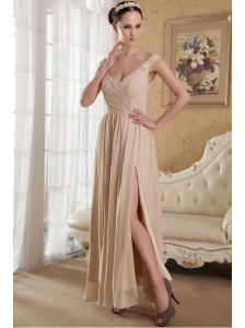 Champagne Empire V-neck Ankle-length Chiffon Sequins Prom Dress