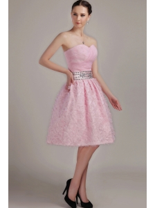 Pink  A-Line / Princess Sweetheart Knee-length Organza Beading Prom Dress