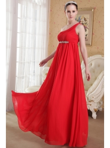 Red Empire One Shoulder Floor-length Chiffon Beading and Ruch Plus Size Prom / Evening Dress