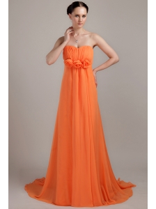 Orange Empire Sweetheart Brush Train Chiffon Hand Made Flowers Plus Size Prom Dress