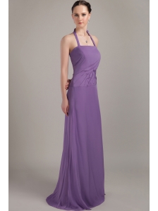 Purple Column Halter Brush Train Chiffon Ruch Bridesmaid Dress