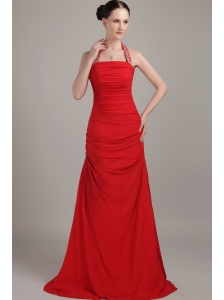 Red Column / Sheath Halter Floor-length Chiffon Ruch Prom Dress