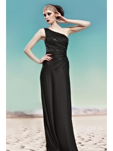 Black Column / Sheath One Shoulder Floor-length Elastic Woven Satin Beading Prom Dress