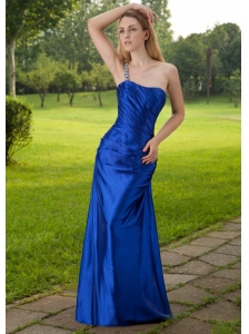 Blue Column One Shoulder Floor-length Taffeta Beading Prom Dress
