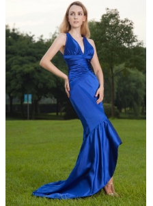 Royal Blue Mermaid V-neck Brush Train Chiffon Ruch Prom / Celebrity Dress