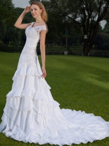 Modest A-line Off The Shoulder Court Train Taffeta Lace and Ruch Wedding Dress