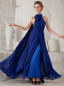 Royal Blue Column Halter Watteau Train Chiffon Ruch Prom / Evening Dress