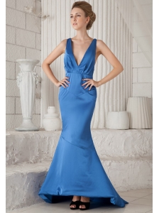 Sky Blue Mermiad V-neck Brush Train Elastic Woven Satin Ruch Prom / Evening Dress