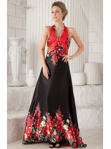 Red and Black A-line / Princess Halter Brush Train Printing Beading Prom / Evening Dress