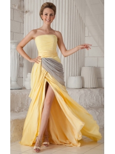 Yellow Empire Strapless Brush Train Elastic Woven Satin Ruch Prom / Celebrity Dress