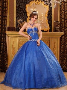 Affordable Blue Quinceanera Dress Sweetheart Organza Appliques Ball Gown