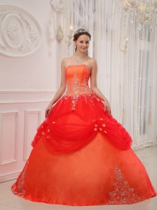Affordable Orange Red Quinceanera Dress Strapless Taffeta and Tulle Appliques Ball Gown