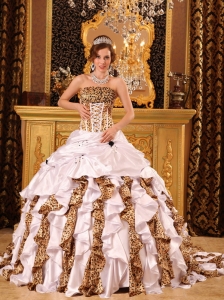 Beautiful Gorgeous Quinceanera Dress Strapless Brush Train Taffeta and Leopard White Ball Gown