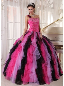 Beautiful Multi-colored Quinceanera Dress One Shoulder Organza Beading and Ruffles Ball Gown
