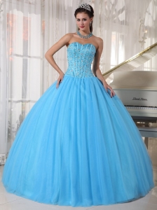 Beautiful Sky Blue Quinceanera Dress Sweetheart Tulle Beading  Ball Gown