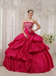 Best Coral Red Quinceanera Dress Strapless Taffeta Beading Ball Gown
