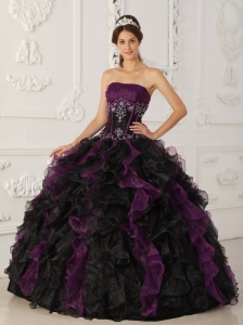 Brand New Purple and Black  Quinceanera Dress Strapless Taffeta and Organza Beading Ball Gown