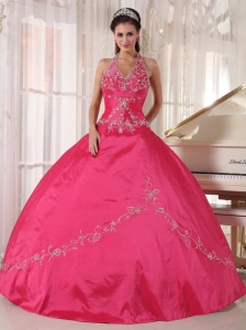 Brand New Coral Red Quinceanera Dress Halter Taffeta Appliques Ball Gown