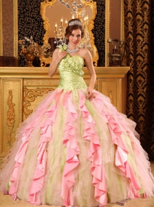Cheap Multi-Color Quinceanera Dress One Shoulder Taffeta And Organza Beading And Ruffles Ball Gown