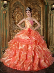 Cheap Orange Quinceanera Dress Strapless Beading and Ruffles Ball Gown