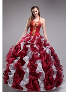 Cheap Wine Red Quinceanera Dress Halter Orangza Applqiues and Ruffles Ball Gown