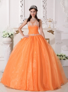 Cute Orange Quinceanera Dress Strapless Taffeta and Organza Appliques Ball Gown