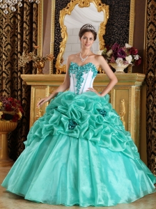 Discount Turquoise Quinceanera Dress Sweetheart Organza Hand Made Flowers Ball Gown