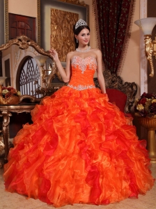 Discount Orange Quinceanera Dress Sweetheart Organza Appliques and Beading Ball Gown