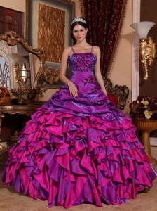 Discount Purple and Fuchsia Quinceanera Dress Straps Satin Embroidery with Beading Ball Gown