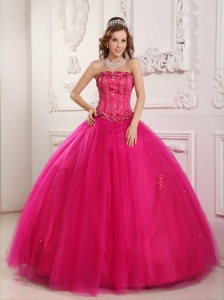 Elegant Hot Pink Quinceanera Dress Strapless Tulle Beading Ball Gown