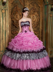 Elegant Rose Pink Quinceanera Dress Strapless Picks-Up Organza and Zebra Ball Gown