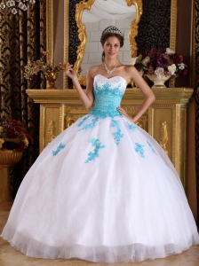Elegant White and Blue Quinceanera Dress Sweetheart  Appliques Organza Ball Gown