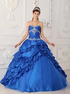 Exclusive Sapphire Blue Quinceanera Dress Sweetheart Taffeta and Tulle Appliques with Beading A-Line / Princess