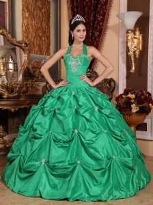 Exclusive Apple Green Quinceanera Dress Halter Top Taffeta Appliques Ball Gown