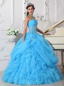 Fashionable Aqua Blue Quinceanera Dress Strapless Organza Beading Ball Gown
