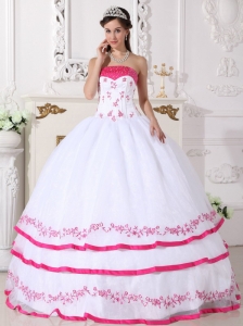 White and Hot Pink Quinceanera Dress Strapless Organza Beading and Embroidery Ball Gown