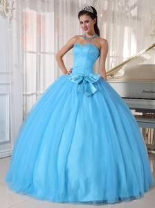 Informal Aqua Blue Quinceanera Dress Sweetheart Tulle Beading and Bowknot Ball Gown