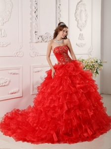 Informal Red Quinceanera Dress Strapless Organza Ruffles and Embroidery Ball Gown