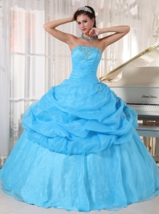 Lovely Baby Blue Quinceanera Dress Strapless Organza Appliques Ball Gown