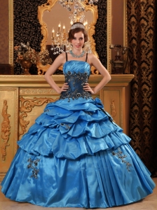 Lovely Blue Quinceanera Dress Straps Taffeta Appliques Ball Gown