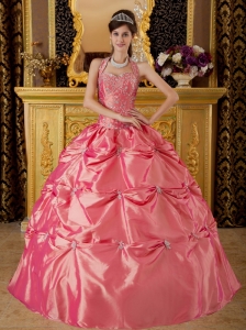 Luxuriously Waltermelon Quinceanera Dress Halter Tafftea Appliques Ball Gown