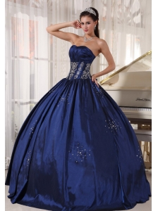 Modest Navy Quinceanera Dress Strapless Taffeta Embroidery and Beading Ball Gown