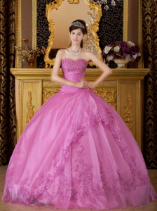 New Rose Pink Quinceanera Dress Sweetheart Appliques Organza Ball Gown